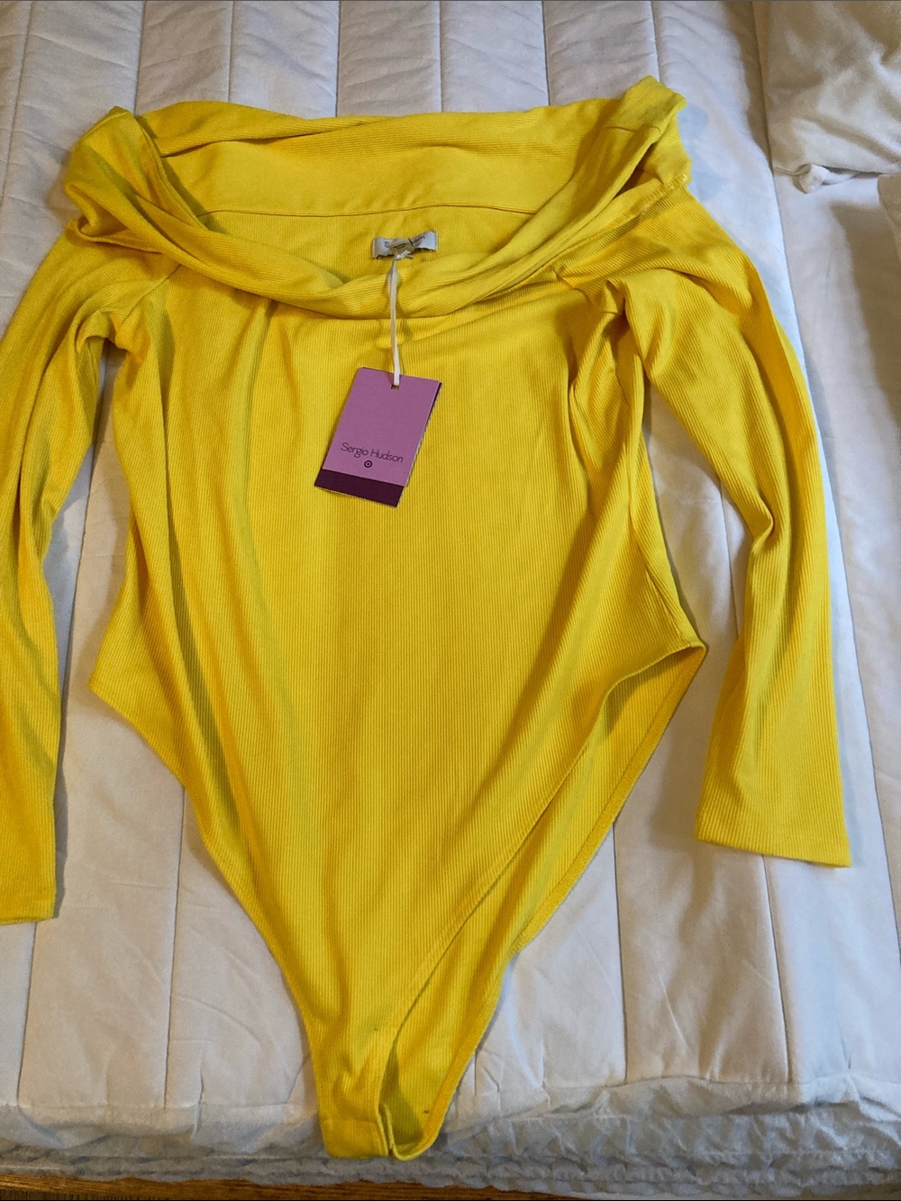 Sergio Hudson Yellow Ribbed Off-Shoulder Women's Bodysuit